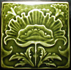 Ceramic Poppy Tile in Glossy Green Crackle Glaze - Elizabethan Green