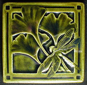 4 x 4 Gingko dragonfly tiles - Elizabethan Green