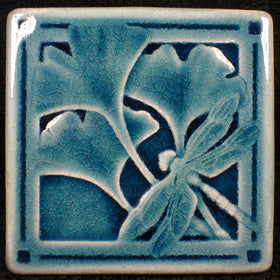 4 x 4 Gingko and dragonfly tile - Hawaiian Blue
