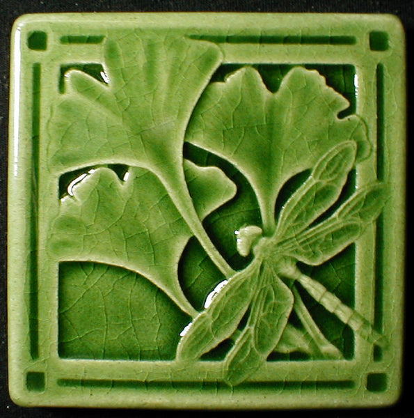 4 x 4 Gingko and dragonfly tile - Jade Green