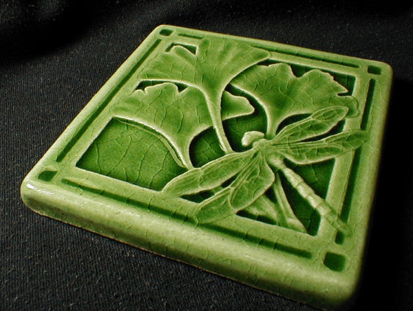 4 x 4 Gingko and dragonfly tile - Celadon
