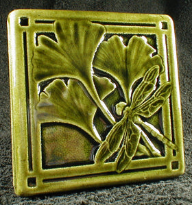 4 x 4 Gingko dragonfly tiles - Vintage Green