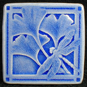 4 x 4 Gingko and dragonfly tile - Mediterranean Blue