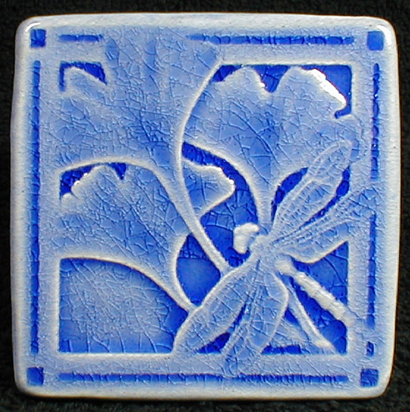 4 x 4 Gingko and dragonfly tile - Mediterranean Blue