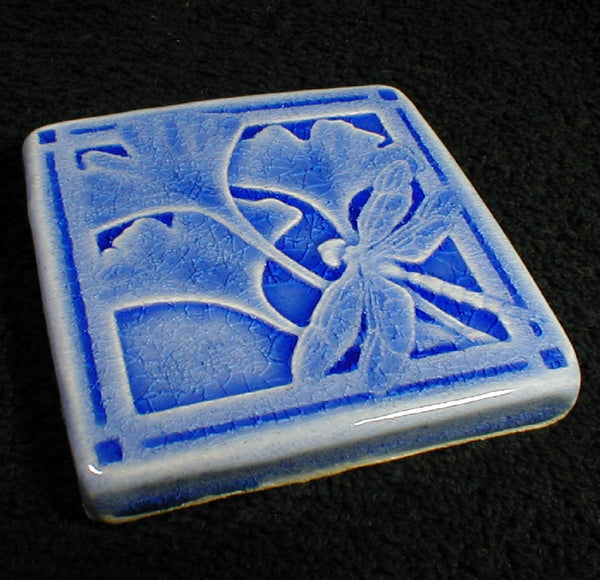 4 x 4 Gingko and dragonfly tile - Mediterranean Blue