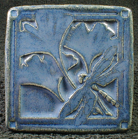 4 x 4 Gingko and dragonfly tile - Blue/grey