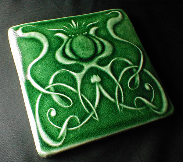 6 x 6 Art Nouveau flower tile in glossy dark green glaze - Conifer Green
