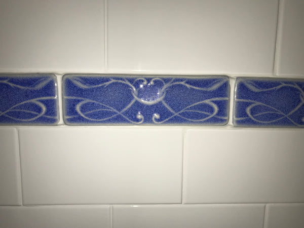 2x6 handmade border tile in blue crackle glaze