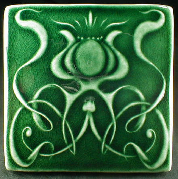 6 x 6 Art Nouveau flower tile in glossy dark green glaze - Conifer Green