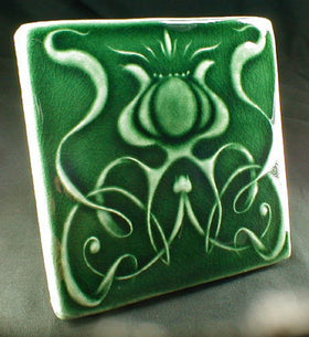 6 x 6 Art Nouveau flower tile in glossy dark green glaze - Conifer Green