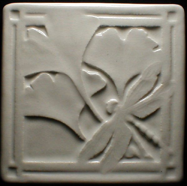 4 x 4 Gingko/dragonfly tile - Polar White