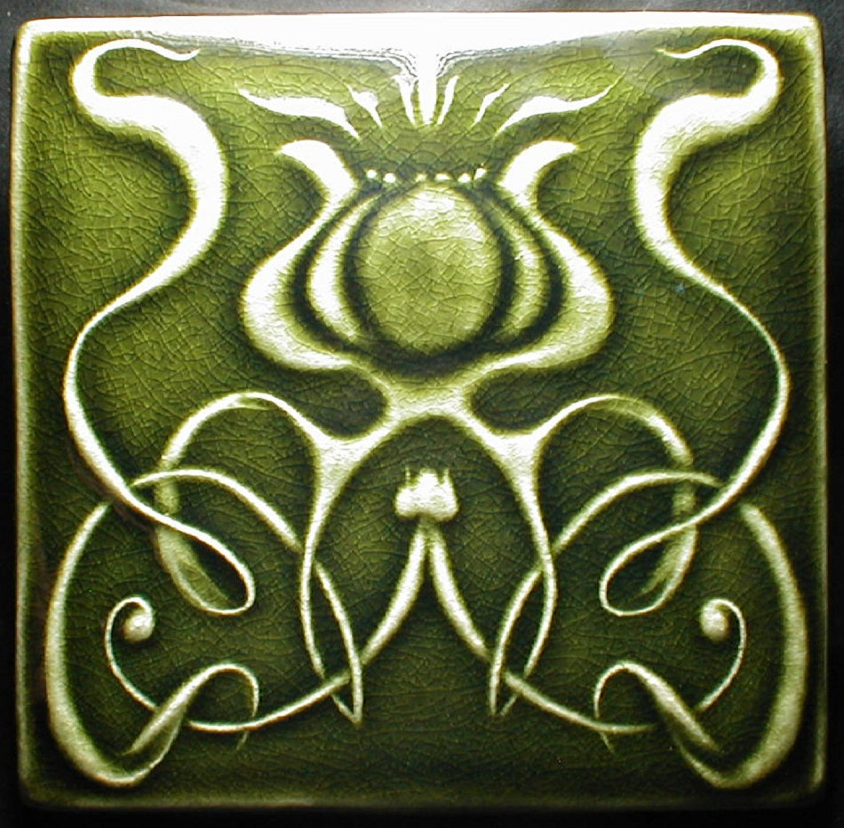 Art Nouveau Flower tile in green crackle glaze - Elizabethan Green -  Campbell Tileworks