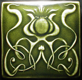 Art Nouveau Flower tile in green crackle glaze - Elizabethan Green