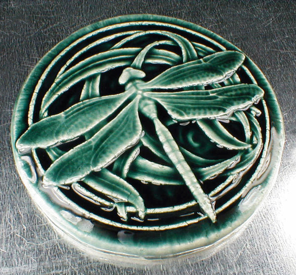 4" Round Dragonfly tile with deep blue glaze - Deep Sea
