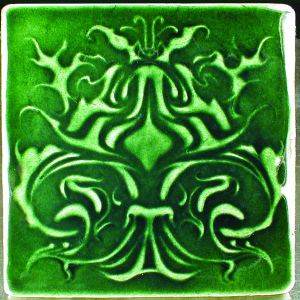 6 x 6 Art Nouveau tile in glossy dark green glaze - Conifer Green