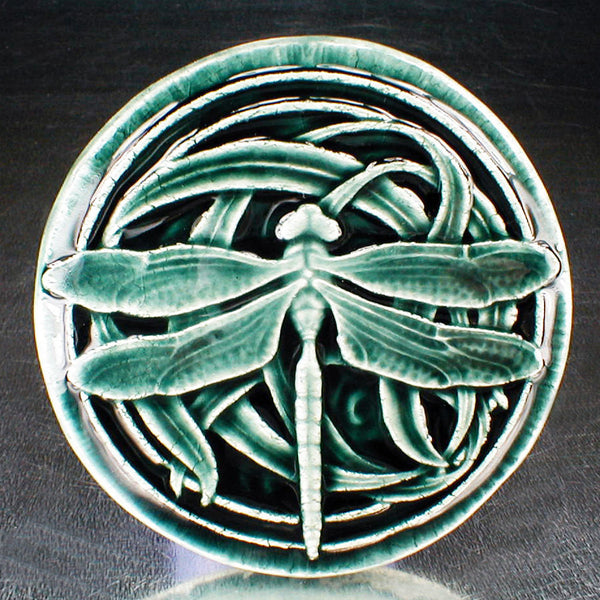 4" Round Dragonfly tile with deep blue glaze - Deep Sea