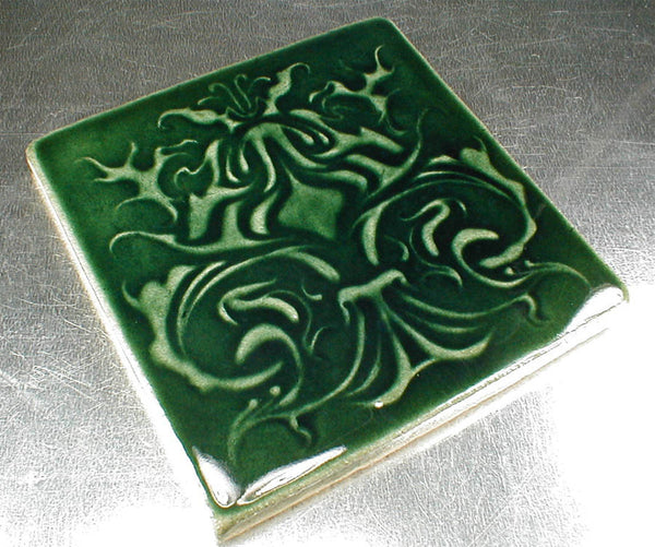 6 x 6 Art Nouveau tile in glossy dark green glaze - Conifer Green